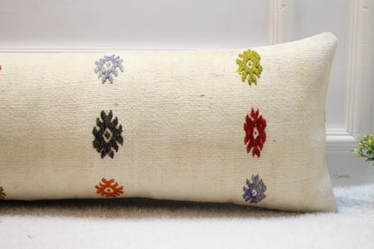 Handmade Kilim Lumbar Pillow Cover: Organic Wool, White Design (12x36 inc)