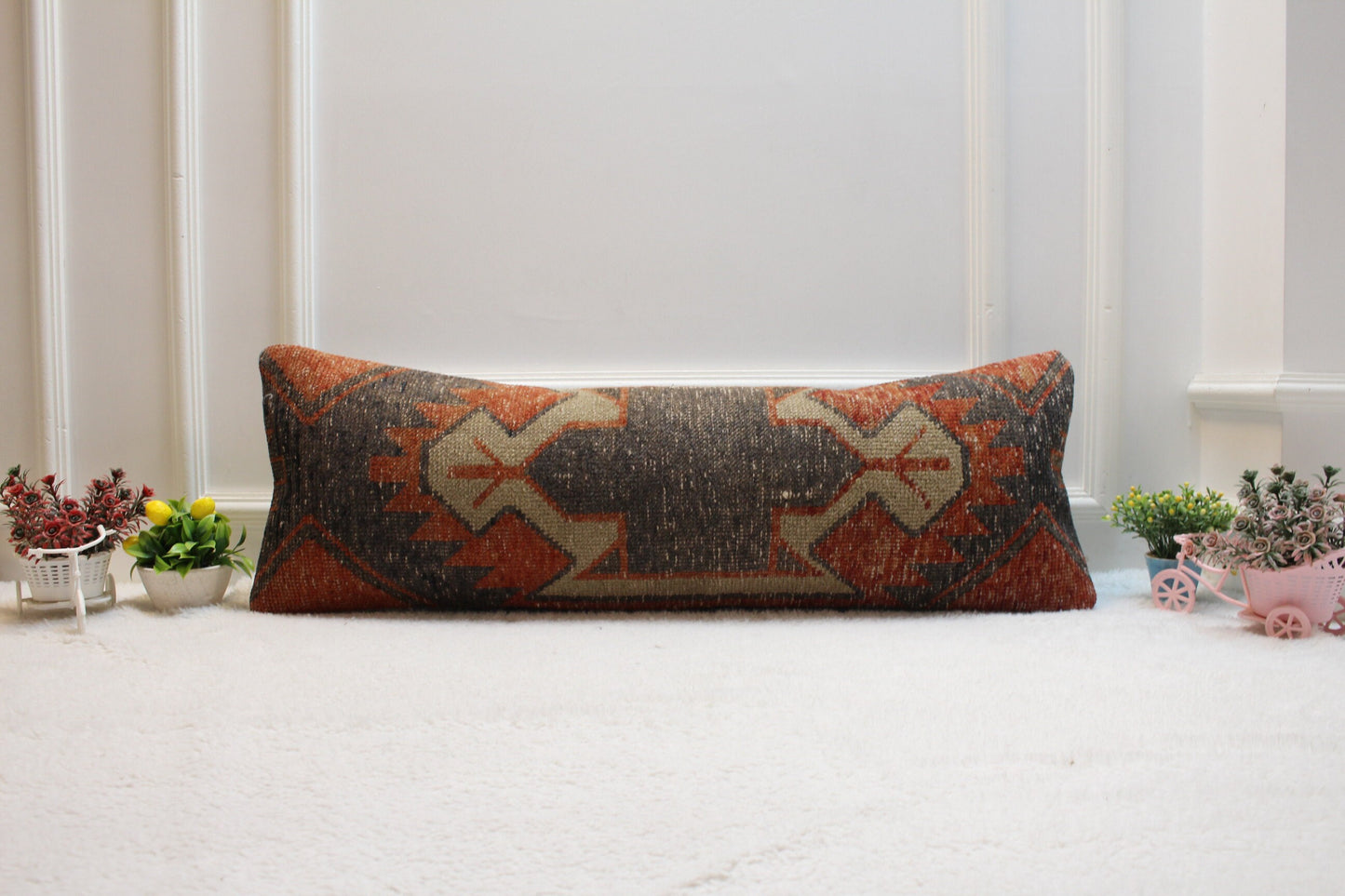 Vintage Turkish Lumbar Pillow Cover: Red Black Wool Kilim, 12x36