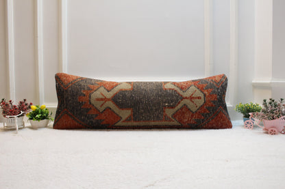 Vintage Turkish Lumbar Pillow Cover: Red Black Wool Kilim, 12x36