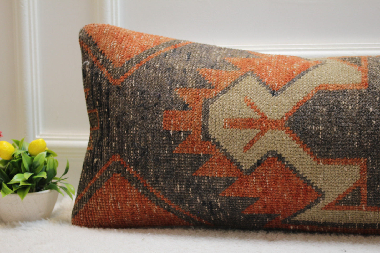 Vintage Turkish Lumbar Pillow Cover: Red Black Wool Kilim, 12x36