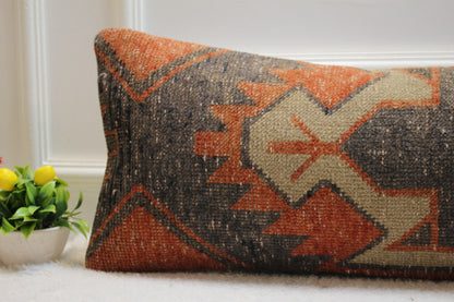 Vintage Turkish Lumbar Pillow Cover: Red Black Wool Kilim, 12x36