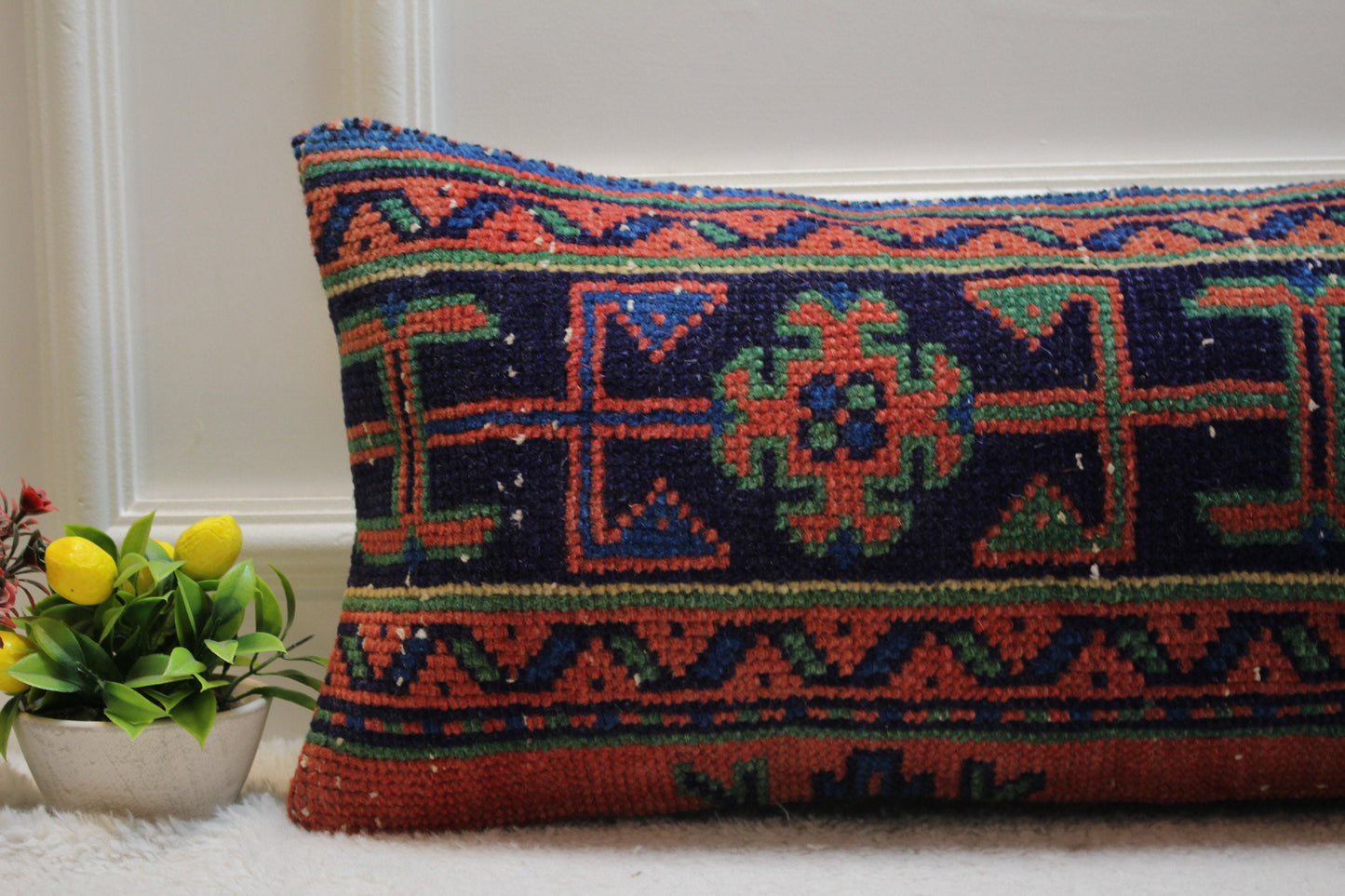 Vintage Turkish Rug Lumbar Pillow Cover: Red & Blue Anatolian Design (12x36 in)