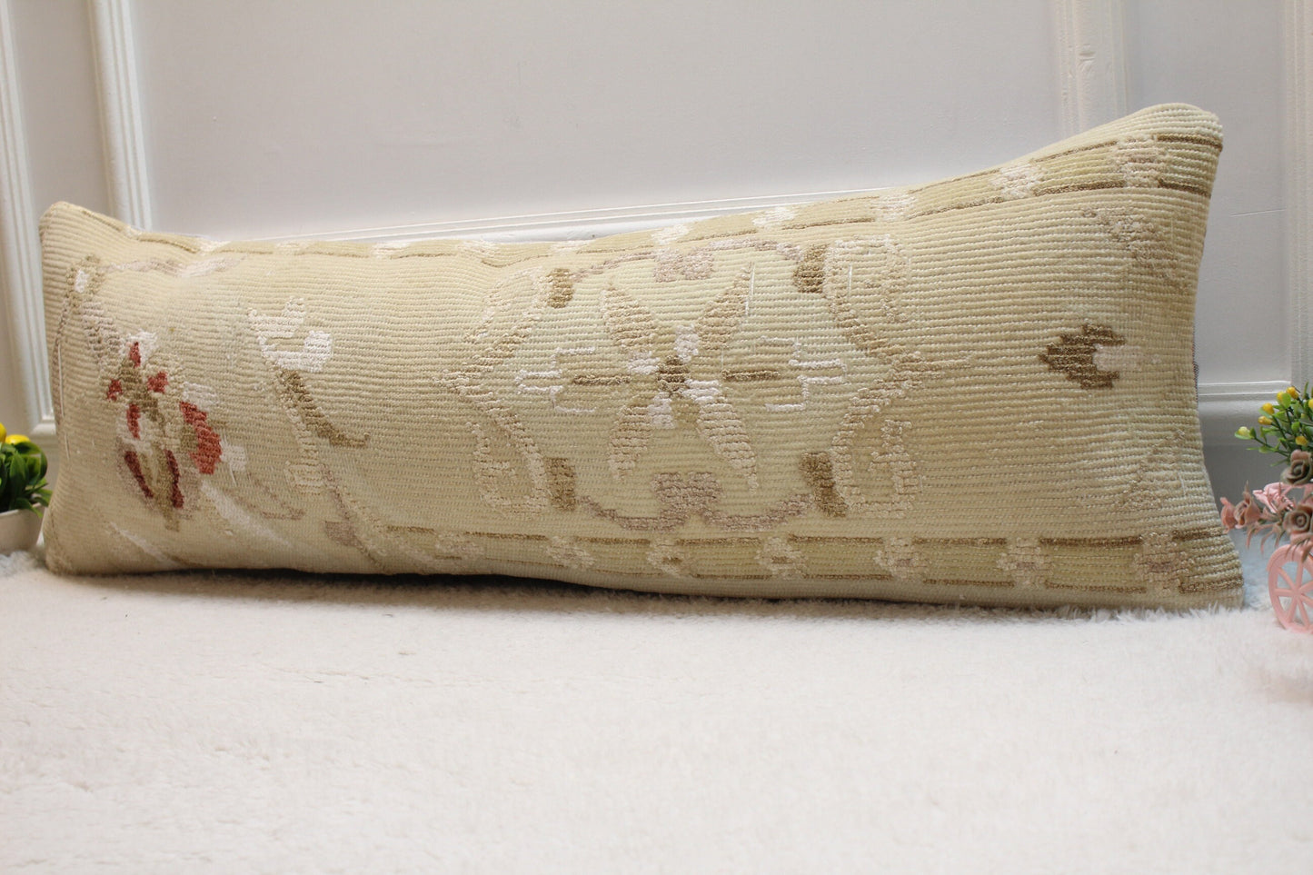 Floral Kilim Lumbar Pillow Cover: Handmade Upcycled Rug, 12x36 inch
