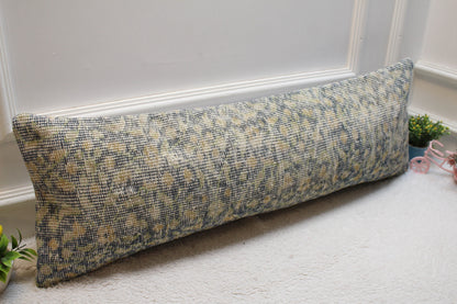 Blue Vintage Turkish Rug Pillow Cover: Handmade Organic Wool (12x36 in)