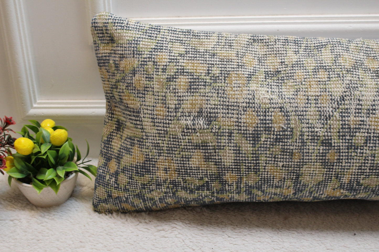 Blue Vintage Turkish Rug Pillow Cover: Handmade Organic Wool (12x36 in)