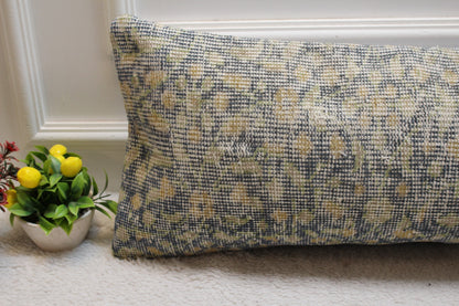 Blue Vintage Turkish Rug Pillow Cover: Handmade Organic Wool (12x36 in)