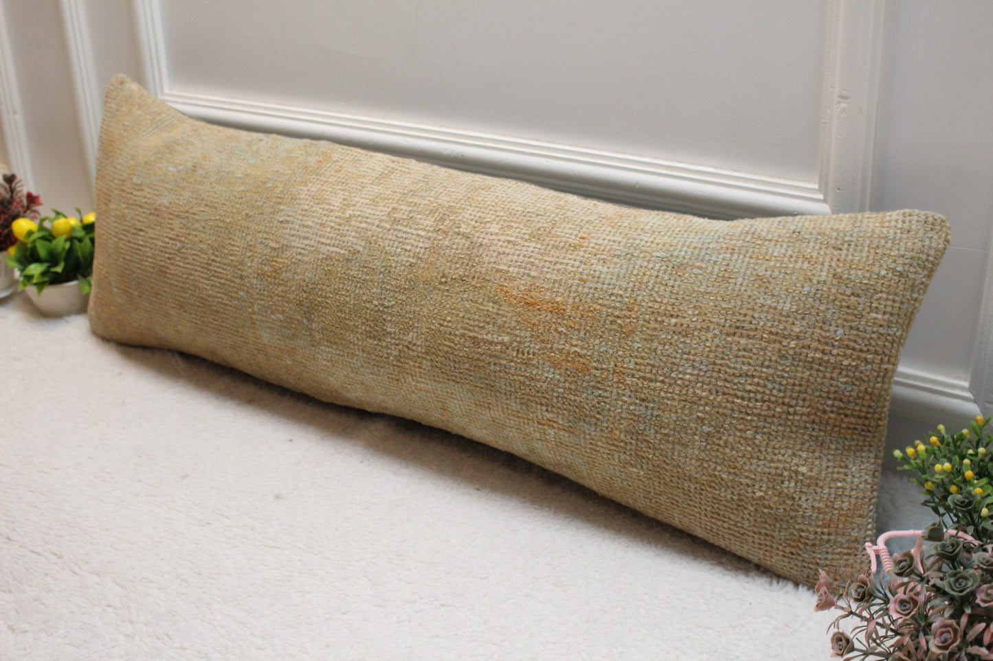 Lumbar Turkish Rug Pillow Cover: Beige Brown Boho Decor (12x36 in)
