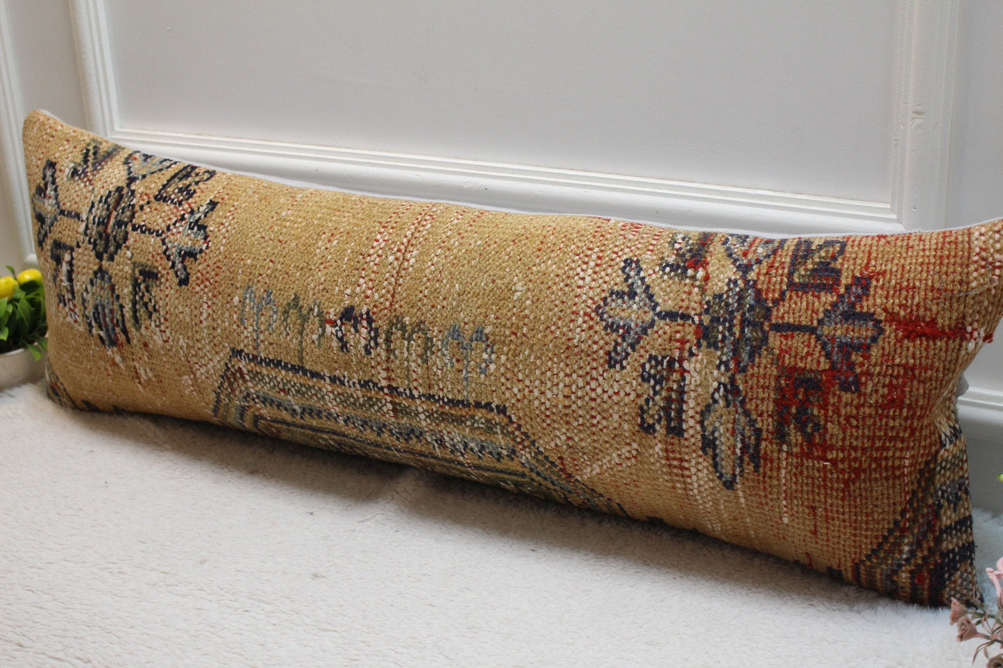 Orange Turkish Rug Pillow Cover: Vintage Boho Lumbar Pillow, 12x36 inch