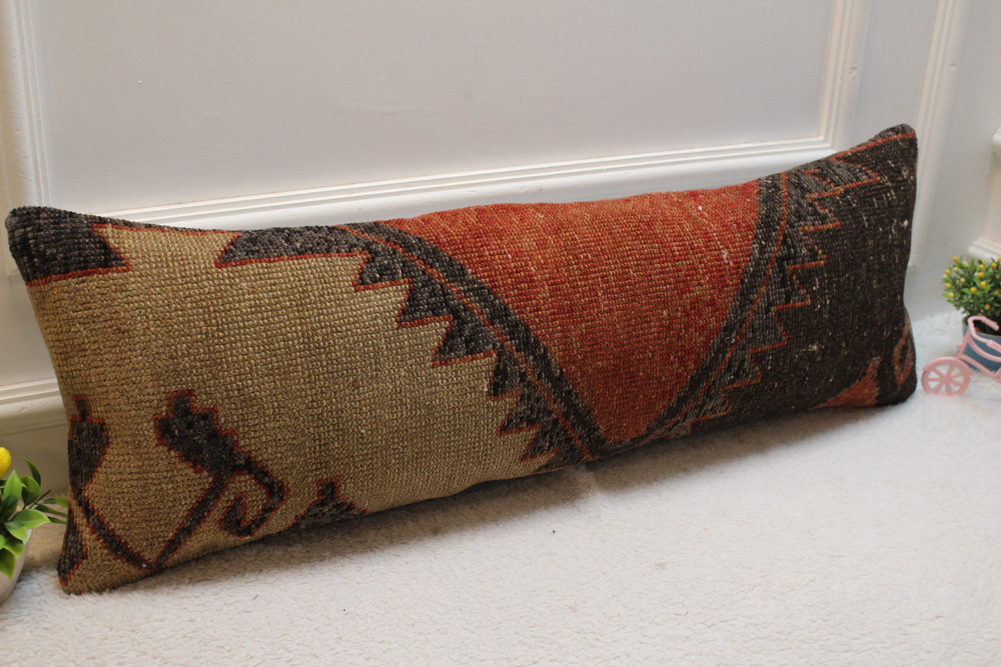 Handmade Kilim Lumbar Pillow Cover: Upcycled Rug, 12x36 inch