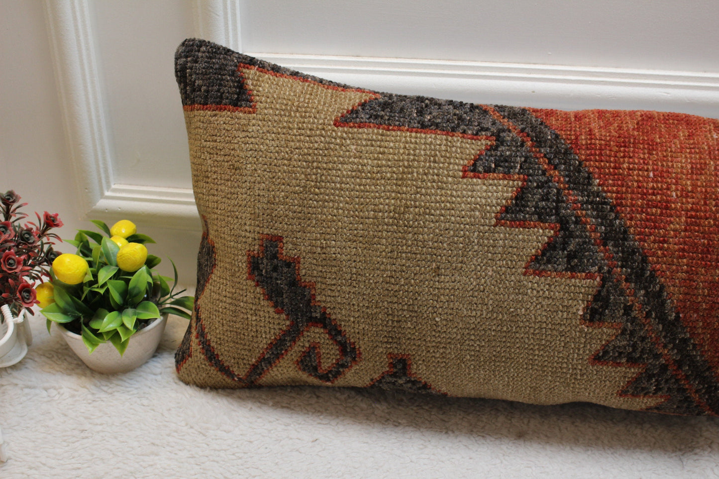 Handmade Kilim Lumbar Pillow Cover: Upcycled Rug, 12x36 inch