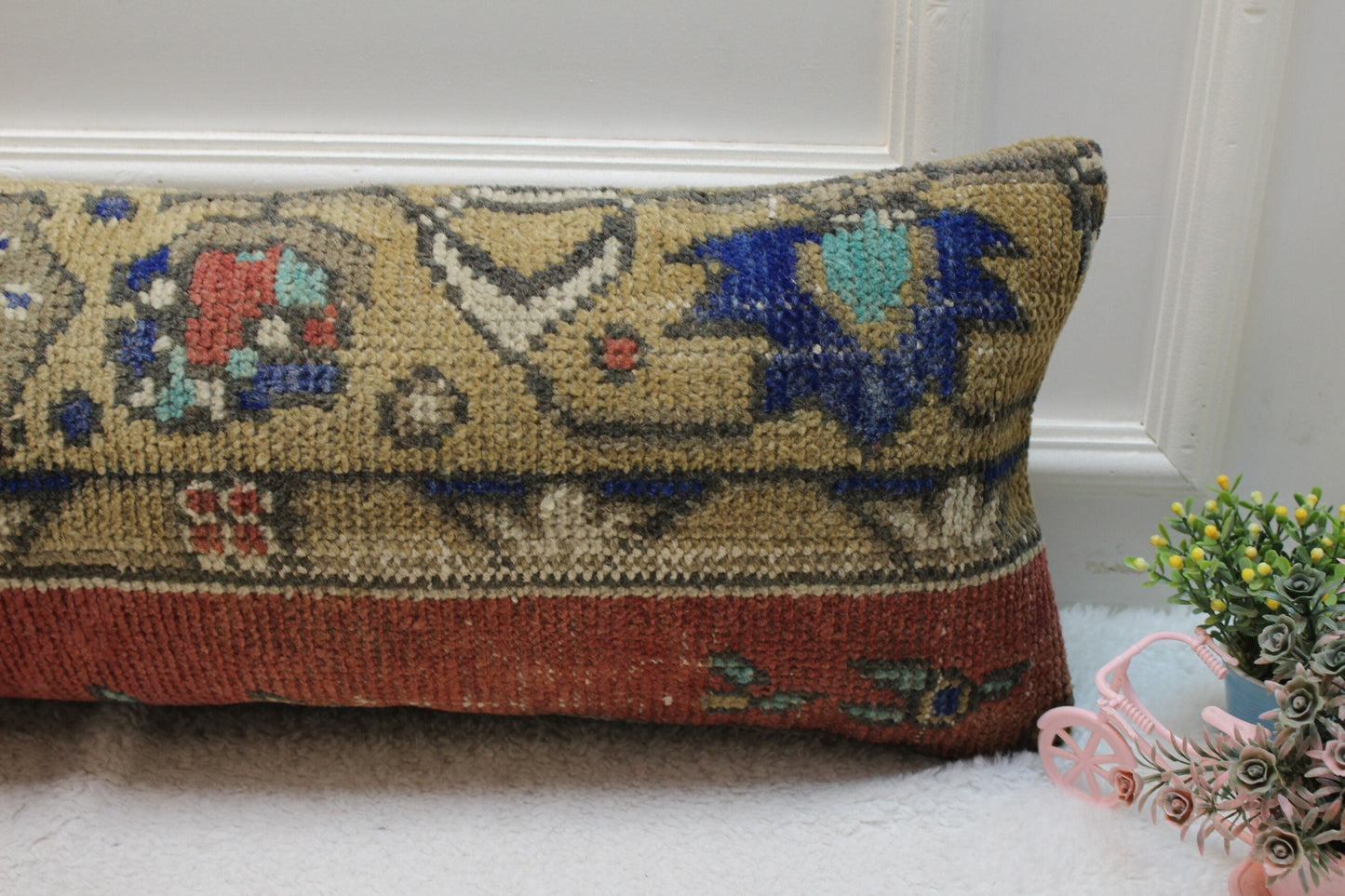 Vintage Turkish Rug Lumbar Pillow Cover: Red & Brown, 12x36 inch