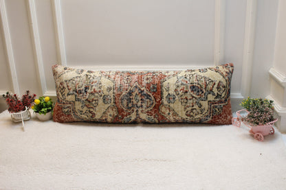 Handmade Kilim Pillow Cover: Red Beige Woven Rug, 12x36 inch