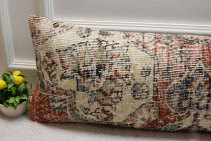 Handmade Kilim Pillow Cover: Red Beige Woven Rug, 12x36 inch