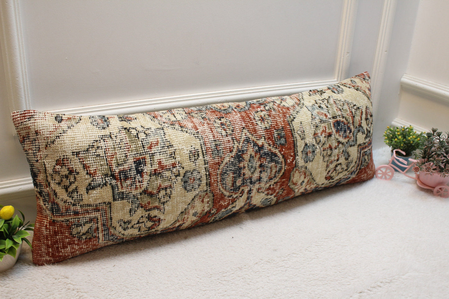 Handmade Kilim Pillow Cover: Red Beige Woven Rug, 12x36 inch