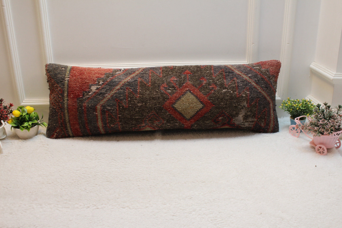 Handmade Kilim Pillow Cover: Black & Red Woven Rug Pillow (12x36 in)
