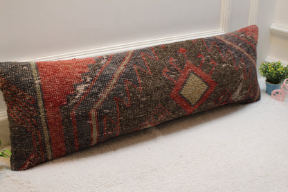 Handmade Kilim Pillow Cover: Black & Red Woven Rug Pillow (12x36 in)