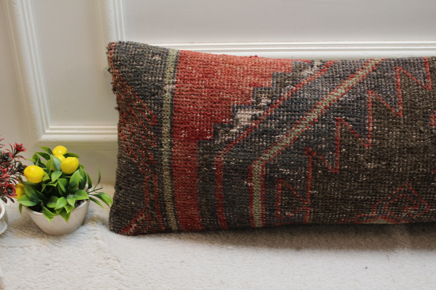 Handmade Kilim Pillow Cover: Black & Red Woven Rug Pillow (12x36 in)