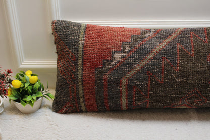 Handmade Kilim Pillow Cover: Black & Red Woven Rug Pillow (12x36 in)