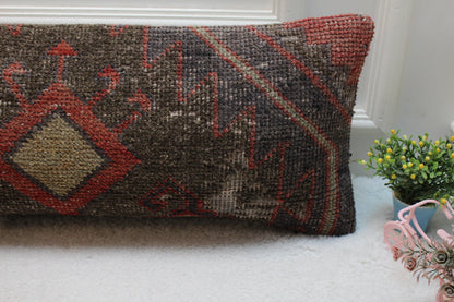 Handmade Kilim Pillow Cover: Black & Red Woven Rug Pillow (12x36 in)