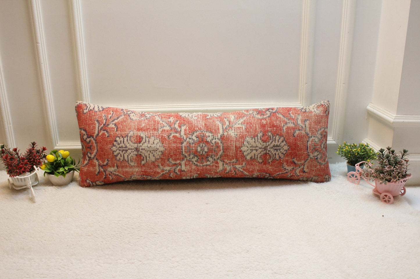 Red Turkish Rug Pillow Cover: Vintage Kilim Lumbar Pillow, 12x36 inch