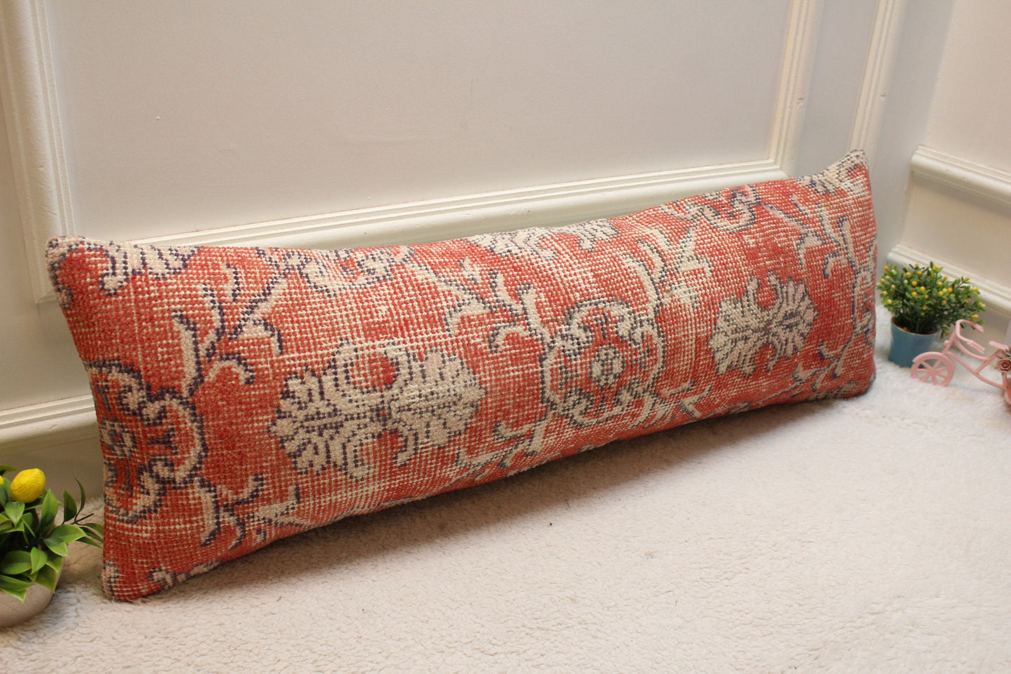 Red Turkish Rug Pillow Cover: Vintage Kilim Lumbar Pillow, 12x36 inch