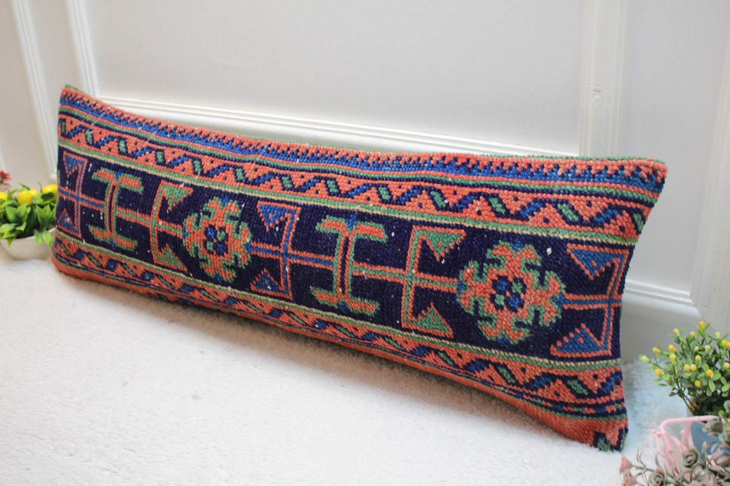 Handmade Kilim Pillow Cover: Geometric Woven Wool Lumbar Pillow (12x36 in)