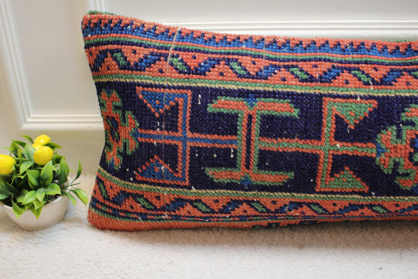 Handmade Kilim Pillow Cover: Geometric Woven Wool Lumbar Pillow (12x36 in)