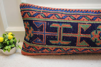 Handmade Kilim Pillow Cover: Geometric Woven Wool Lumbar Pillow (12x36 in)