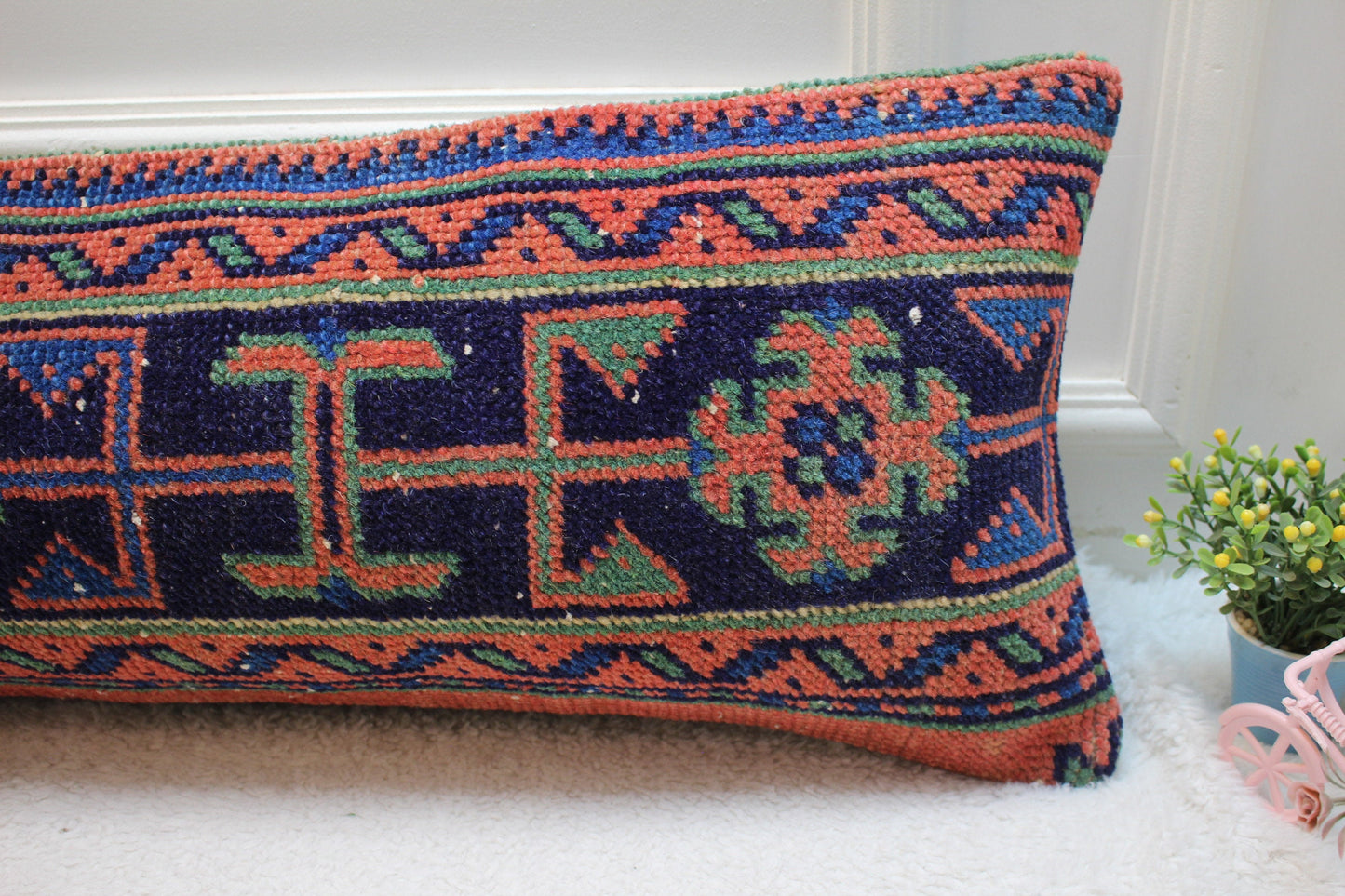 Handmade Kilim Pillow Cover: Geometric Woven Wool Lumbar Pillow (12x36 in)