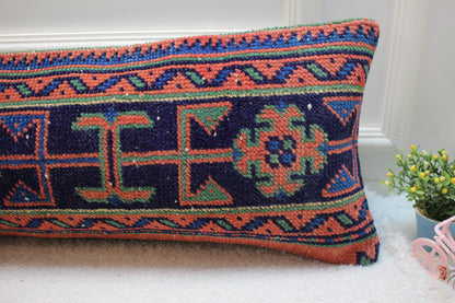 Handmade Kilim Pillow Cover: Geometric Woven Wool Lumbar Pillow (12x36 in)