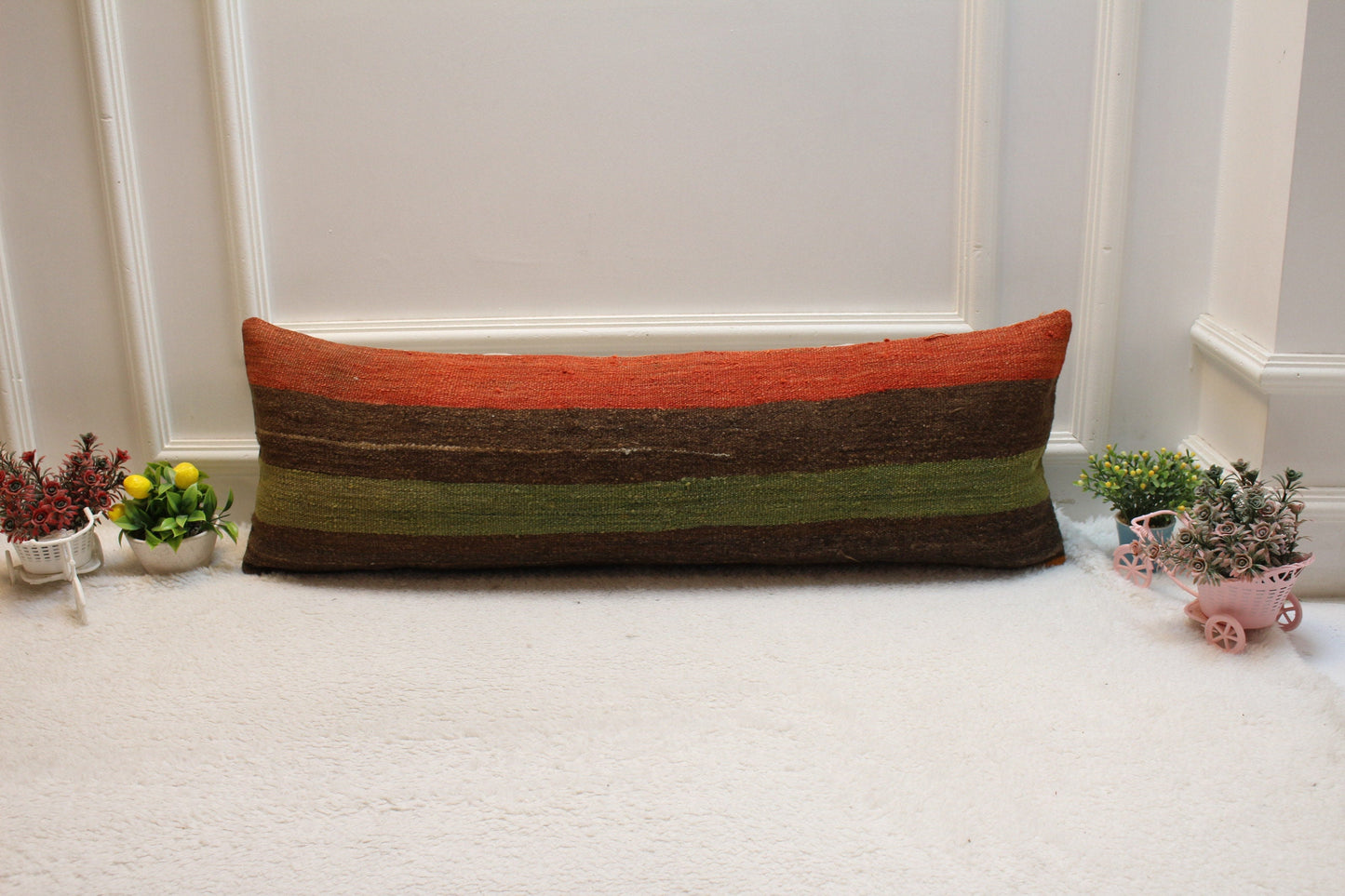 Striped Kilim Lumbar Pillow Cover: 12x36 inch, Upcycled Wool Rug
