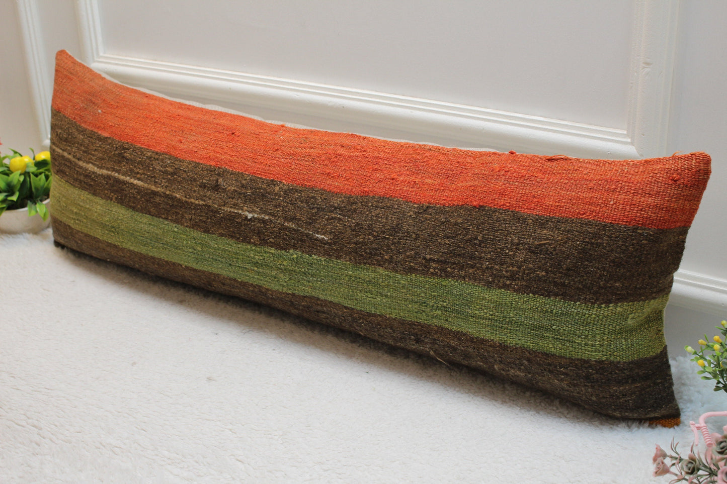 Striped Kilim Lumbar Pillow Cover: 12x36 inch, Upcycled Wool Rug