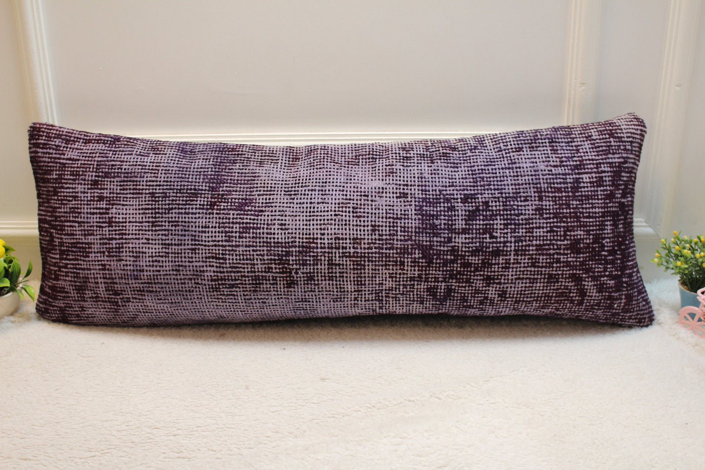 Handmade Kilim Pillow Cover: Upcycled Woven Rug, Purple Boho Decor (12x36 in)