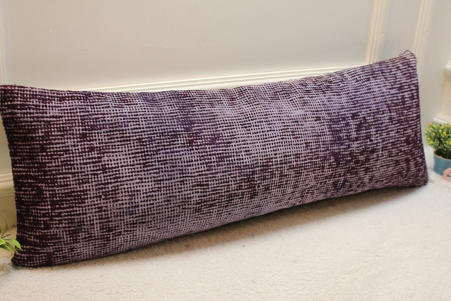 Handmade Kilim Pillow Cover: Upcycled Woven Rug, Purple Boho Decor (12x36 in)