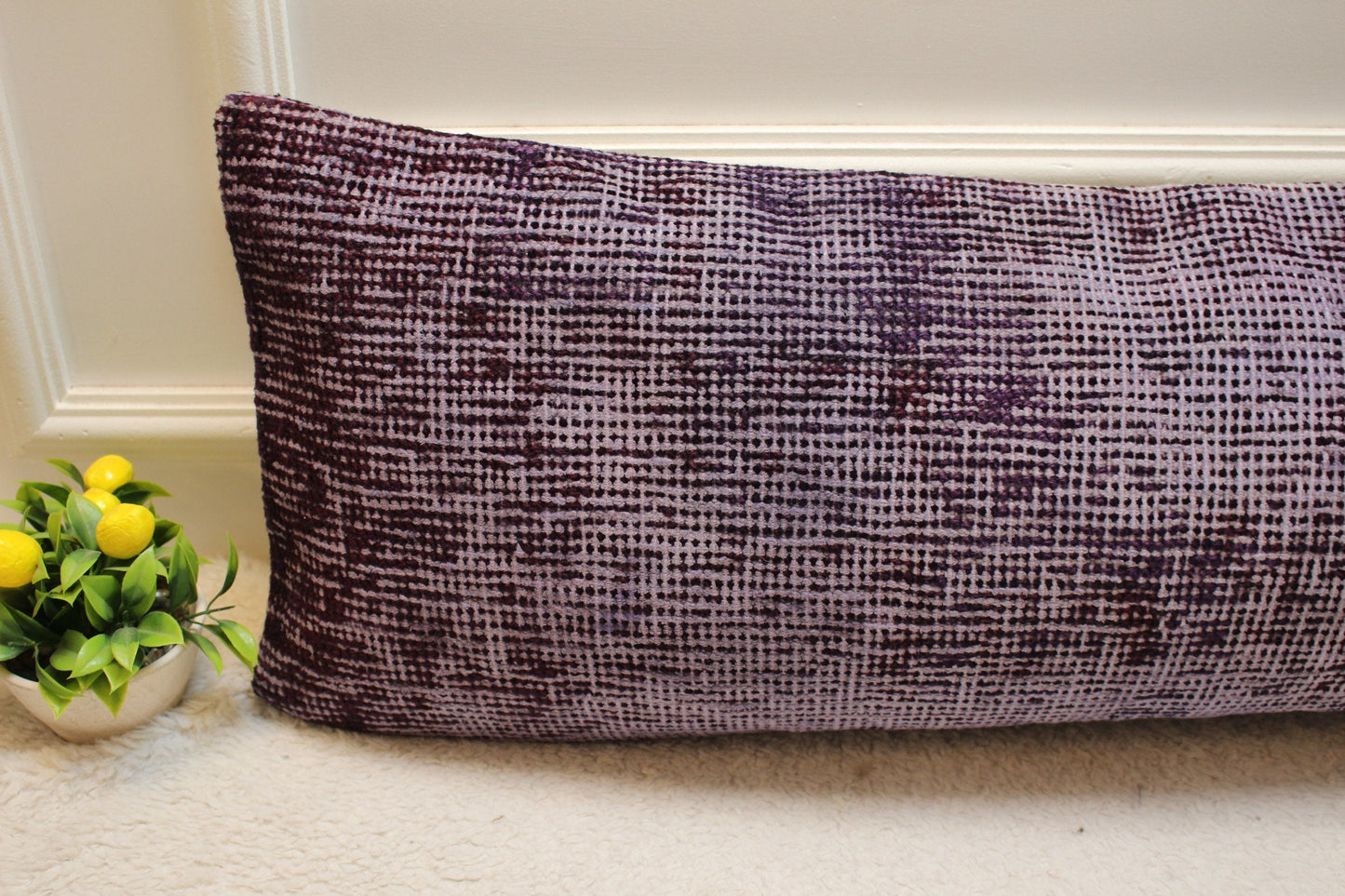 Handmade Kilim Pillow Cover: Upcycled Woven Rug, Purple Boho Decor (12x36 in)
