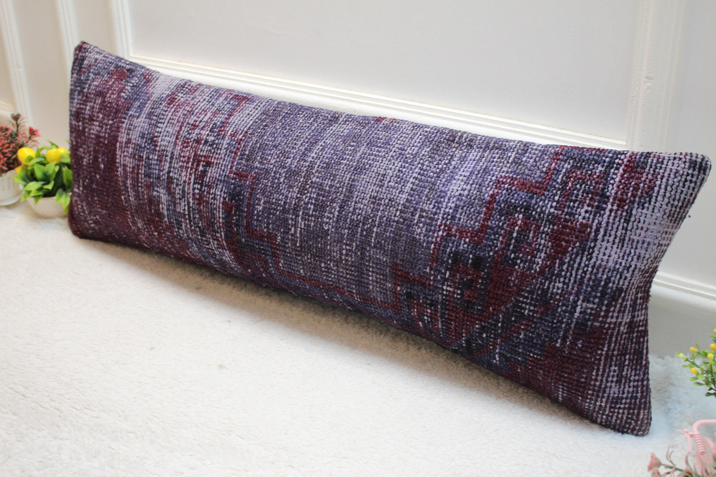 Handmade Purple Kilim Pillow Cover: Upcycled Boho Rug Pillow (12x36 in)
