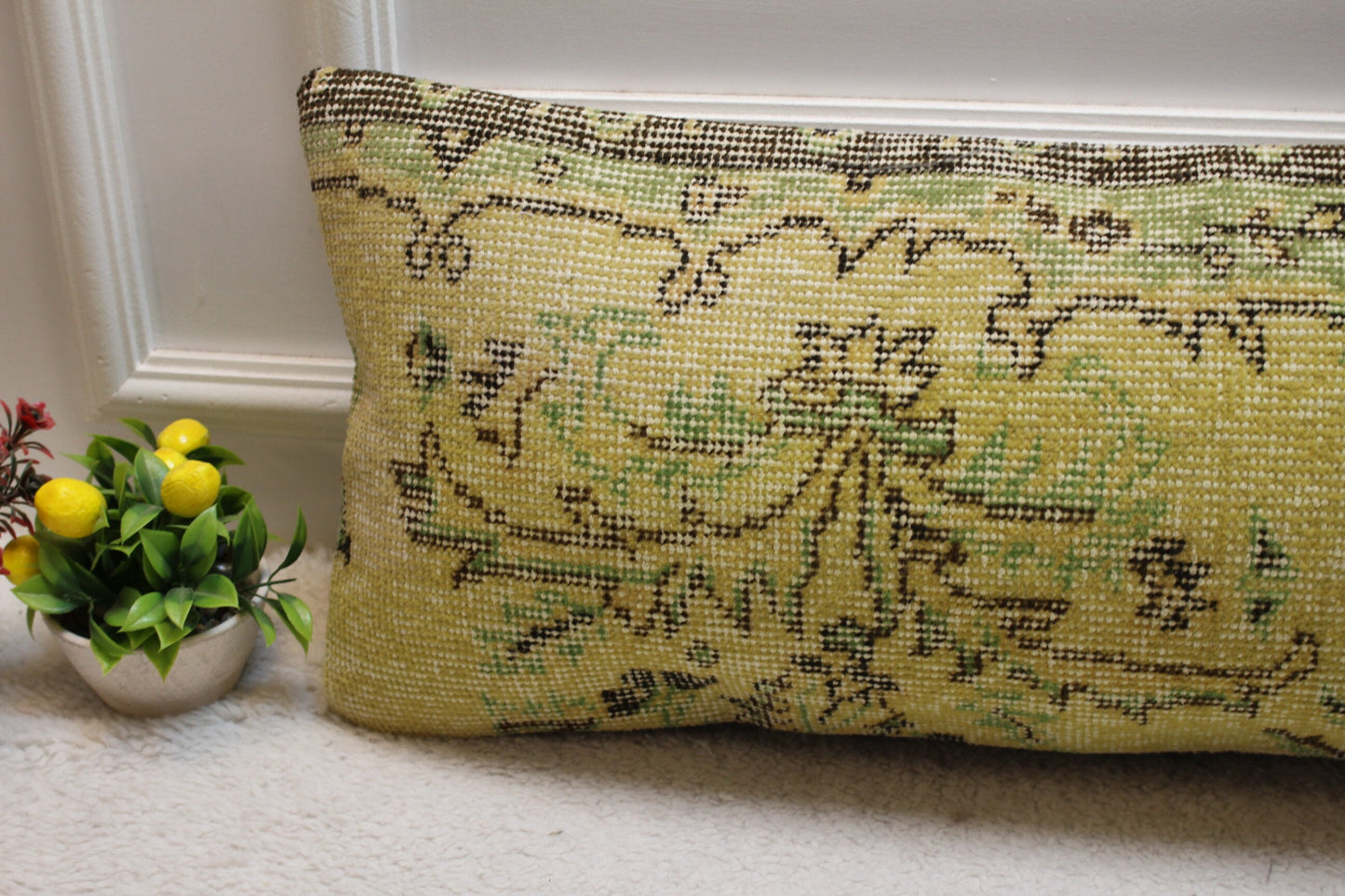Vintage Turkish Rug Pillow Cover: Yellow Green Anatolian Kilim (12x36 in)