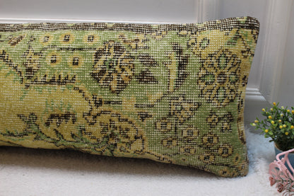 Vintage Turkish Rug Pillow Cover: Yellow Green Anatolian Kilim (12x36 in)