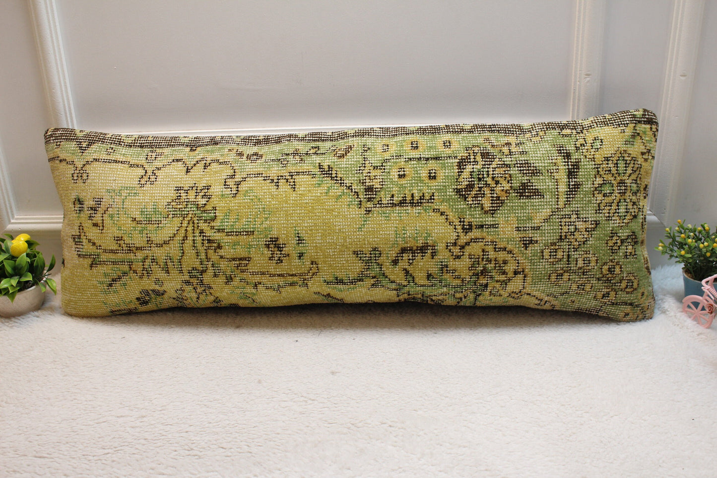 Vintage Turkish Rug Pillow Cover: Yellow Green Anatolian Kilim (12x36 in)