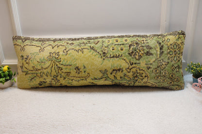 Vintage Turkish Rug Pillow Cover: Yellow Green Anatolian Kilim (12x36 in)
