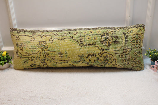 Vintage Turkish Rug Pillow Cover: Yellow Green Anatolian Kilim (12x36 in)