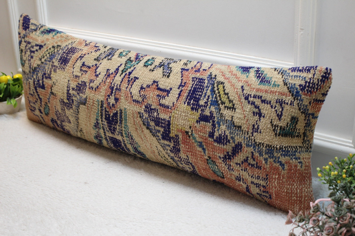 Floral Kilim Pillow Cover (12x36 in): Upcycled Woven Rug