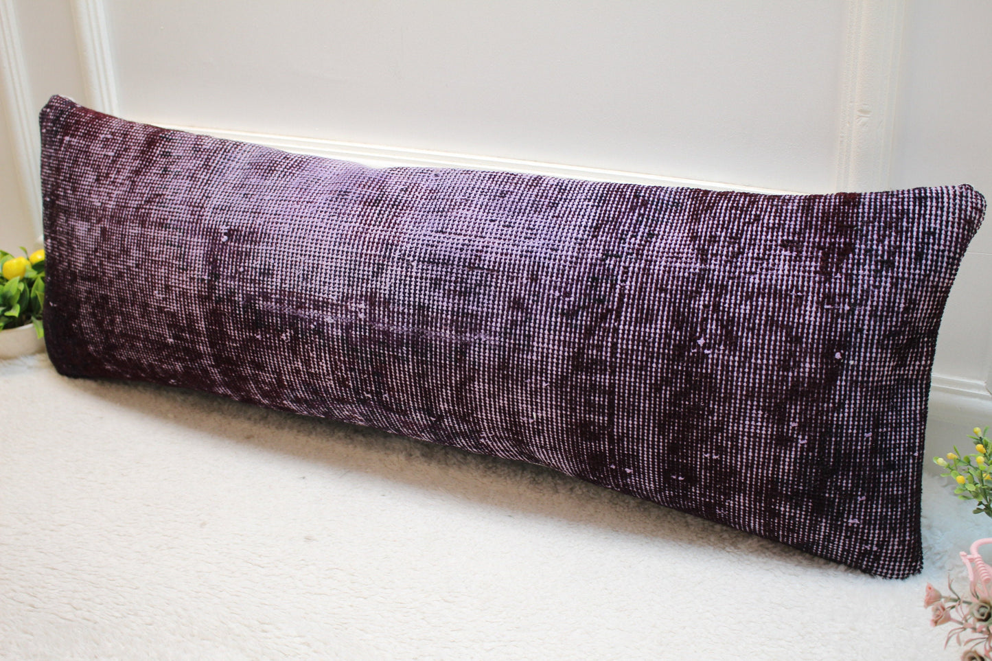 Handmade Purple Kilim Pillow Cover: Upcycled Wool Rug, 12x36 inch