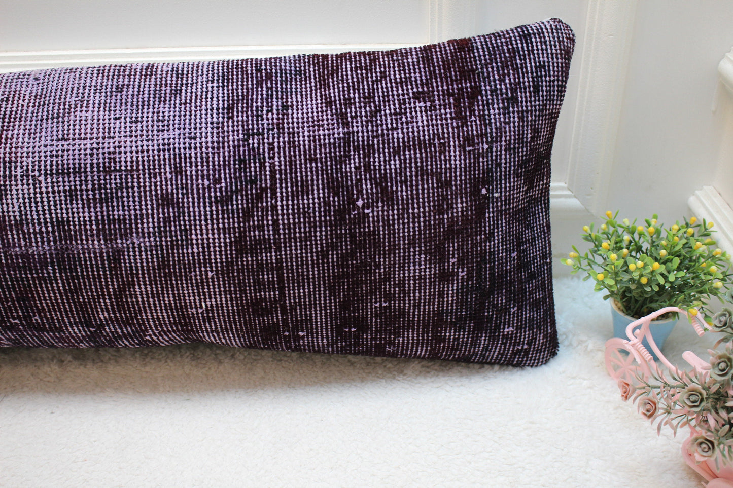 Handmade Purple Kilim Pillow Cover: Upcycled Wool Rug, 12x36 inch