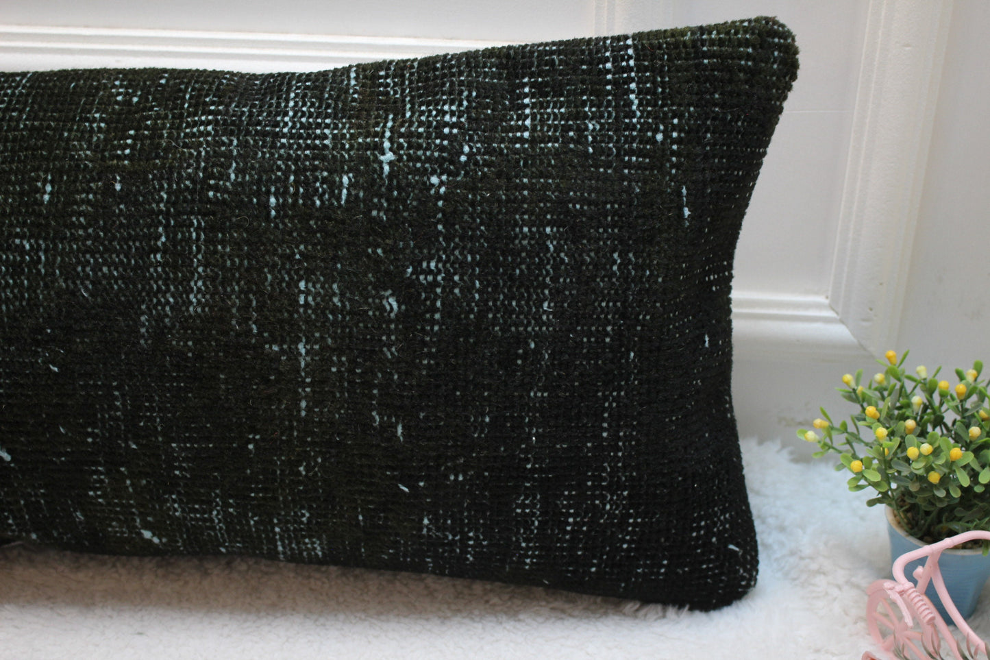 Green Turkish Rug Pillow Cover: Vintage Boho Lumbar Pillow (12x36 in)