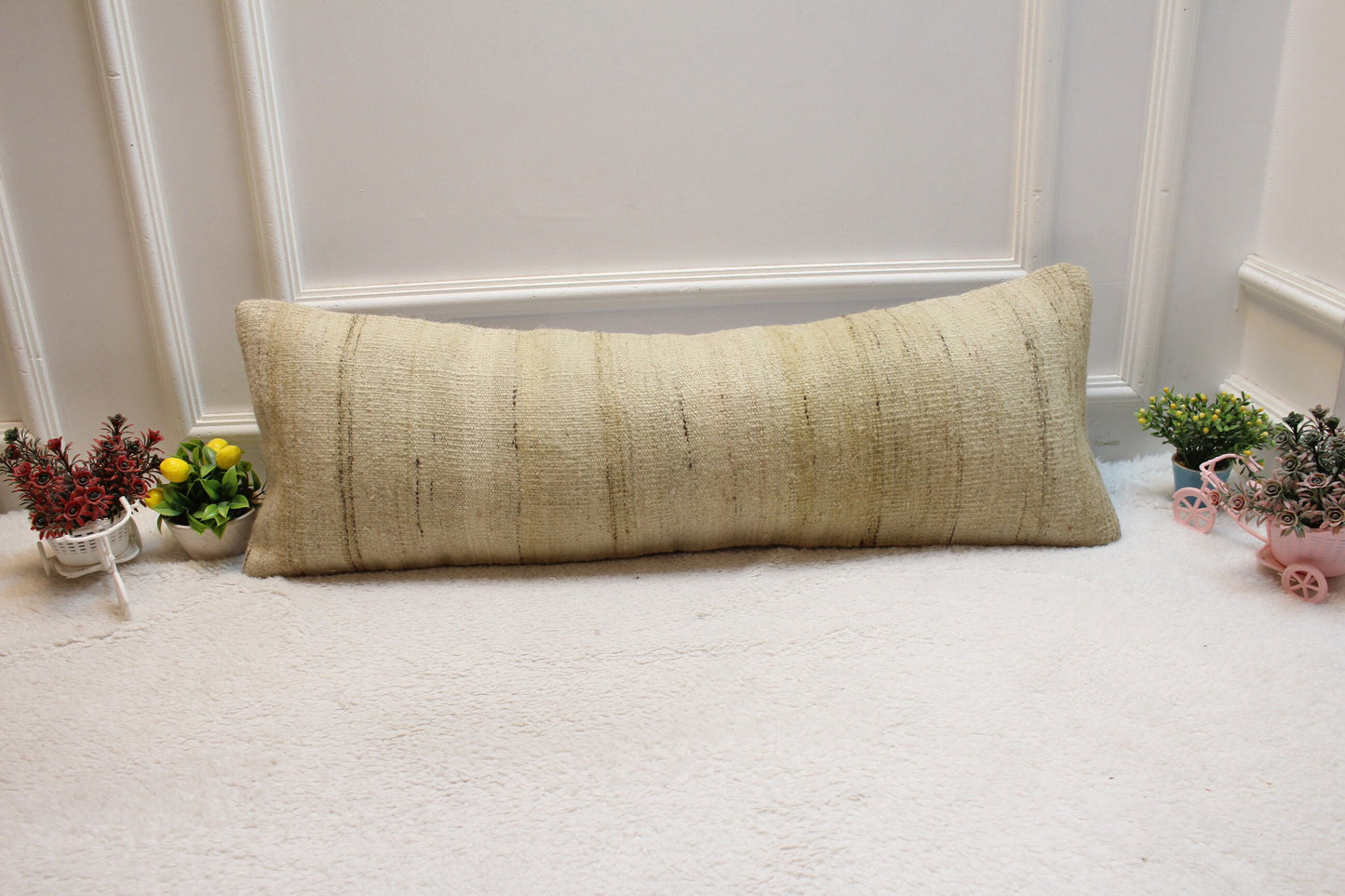 Handmade Beige Kilim Lumbar Pillow Cover: Upcycled Woven Rug, 12x36