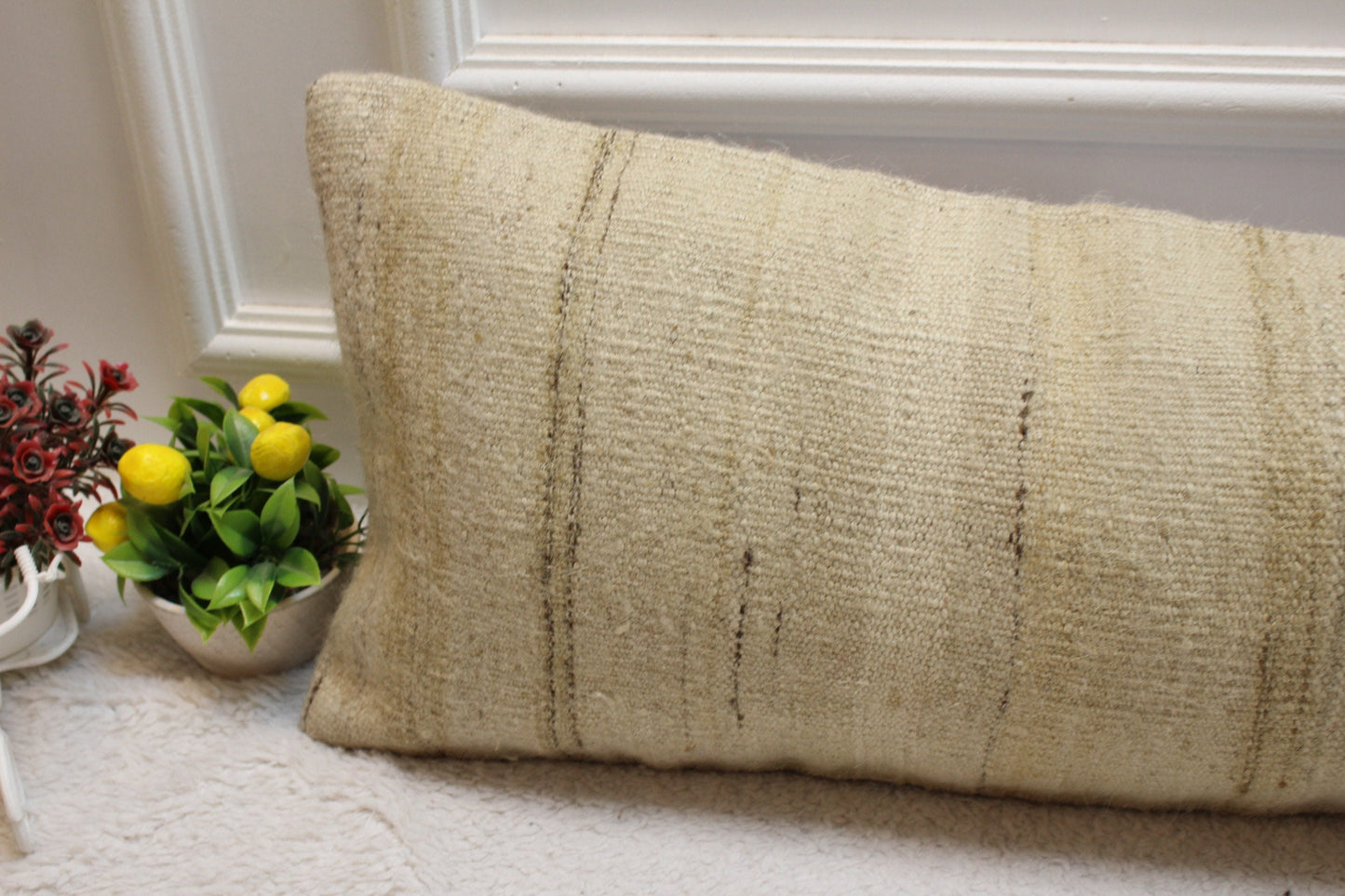 Handmade Beige Kilim Lumbar Pillow Cover: Upcycled Woven Rug, 12x36