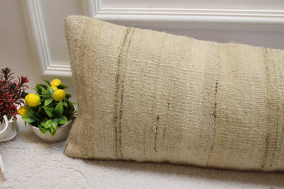 Handmade Beige Kilim Lumbar Pillow Cover: Upcycled Woven Rug, 12x36