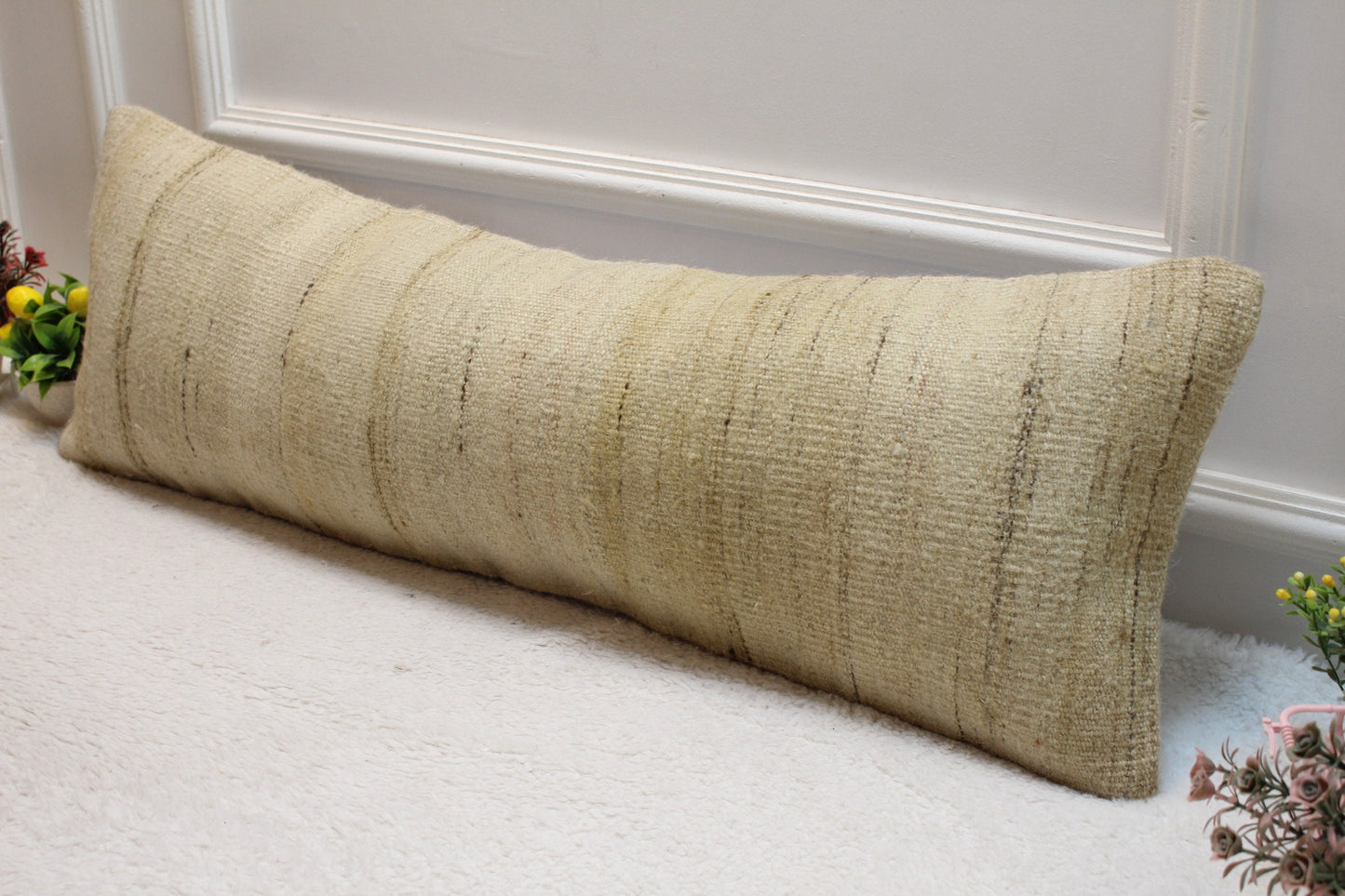 Handmade Beige Kilim Lumbar Pillow Cover: Upcycled Woven Rug, 12x36