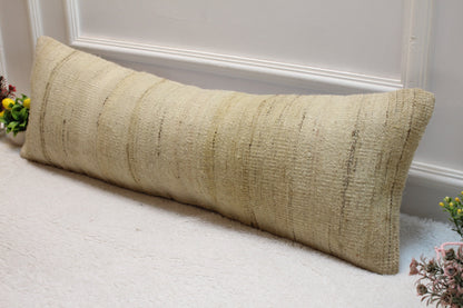 Handmade Beige Kilim Lumbar Pillow Cover: Upcycled Woven Rug, 12x36
